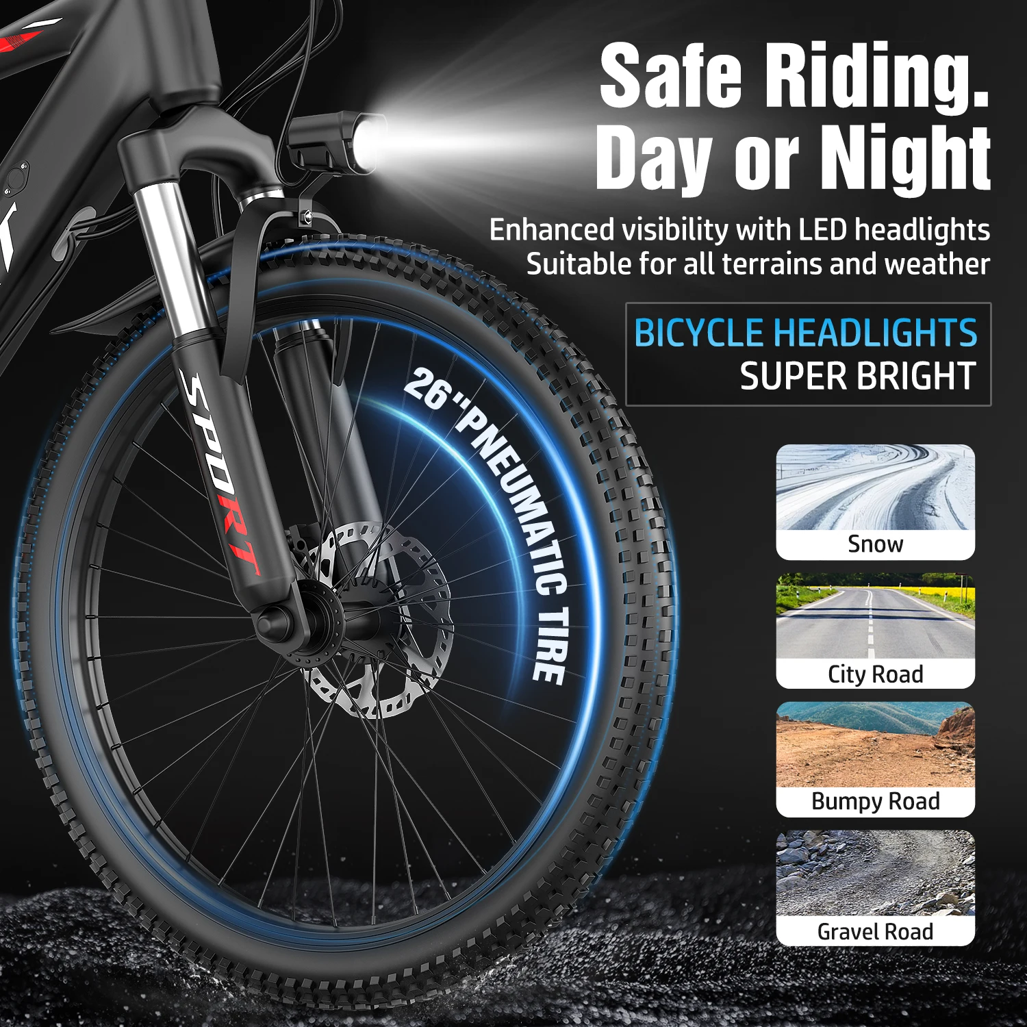 Bicicleta elétrica para adultos - pneu gordo de 26”, motor máximo de 1000 W, bicicleta elétrica de motocicleta de 7 velocidades, bateria removível 48V10AH 4 Ridi