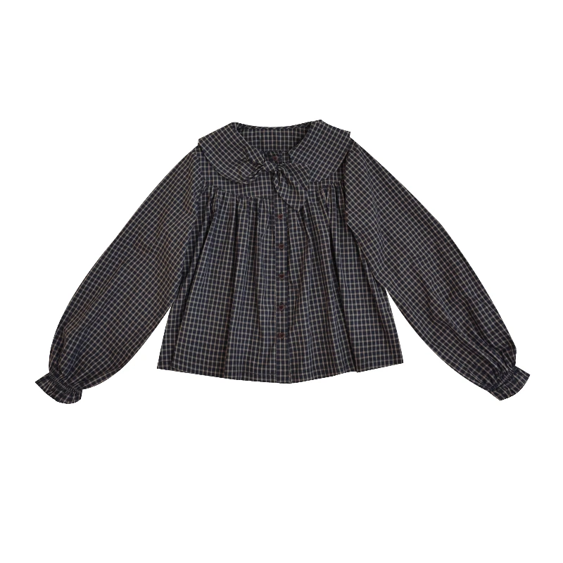 الأصلي الرجعية تصميم فتاة الأخضر الداكن منقوشة القوس طوق قميص نسائي 2025 الخريف جديد Y2k تنوعا Ruched قمصان فضفاضة السيدات #6