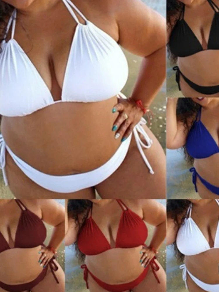 

Summer Ladies Cool down Pure Color Large Size Hanging Neck Bikini Set Sexy Tie Dye Separate Swimming Suit for Women