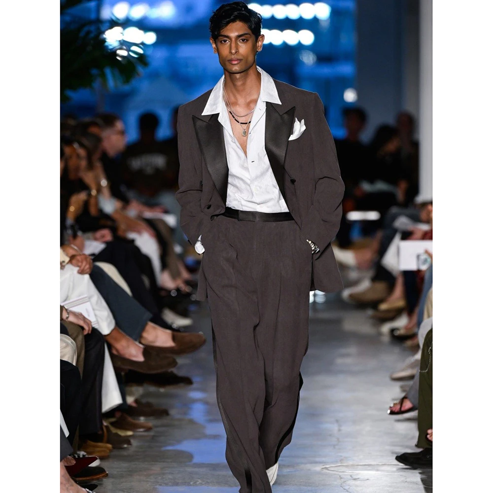 

Casual Morandi Grayish Brown Men Suit 2 Piece Jacket Pant Set Double-Breasted Peak Lapel Loose Daily Office Buisness Male