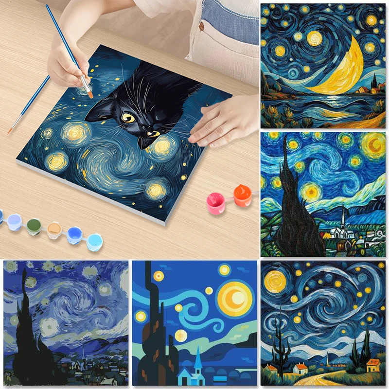 

GATYZTORY Картина по номерам 20x20 см в рамке: Звездное небо, пейзаж, рисунок кошки на холсте, ручная роспись, декор для дома