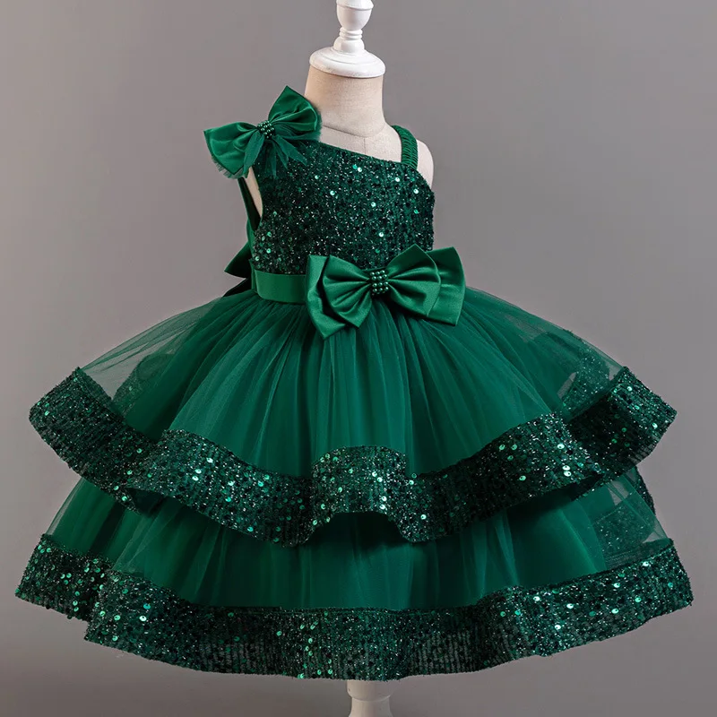 Child Girls' Layered Sequins Party Dress with Bow Festive Performance Festival Dress Kid's Elegant Clothing for Girls