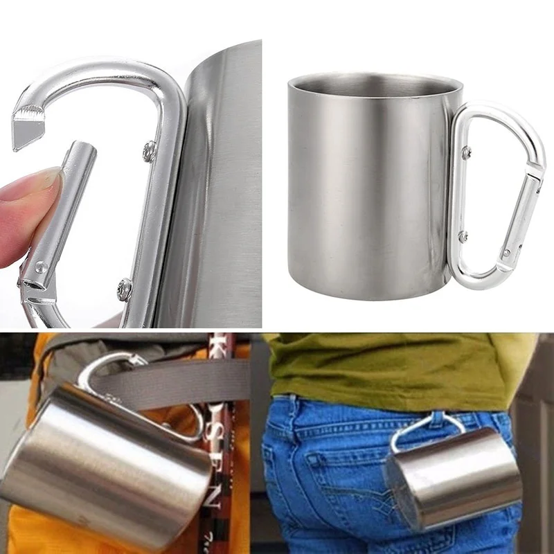 Tumbler 300ml Stainless Steel Travel Water Tea Coffee Mug Self Lock Carabiner Handle Cup For Camping Hiking Climbing Outdoor