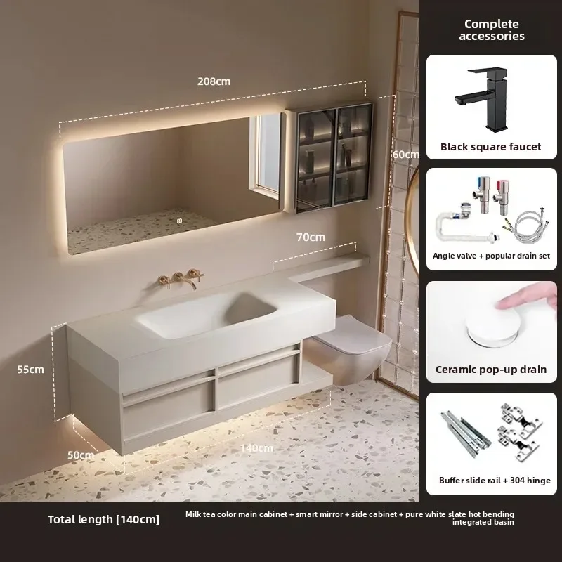 DSA- cream-colored sintered stone basin extended bathroom vanity set with washbasin