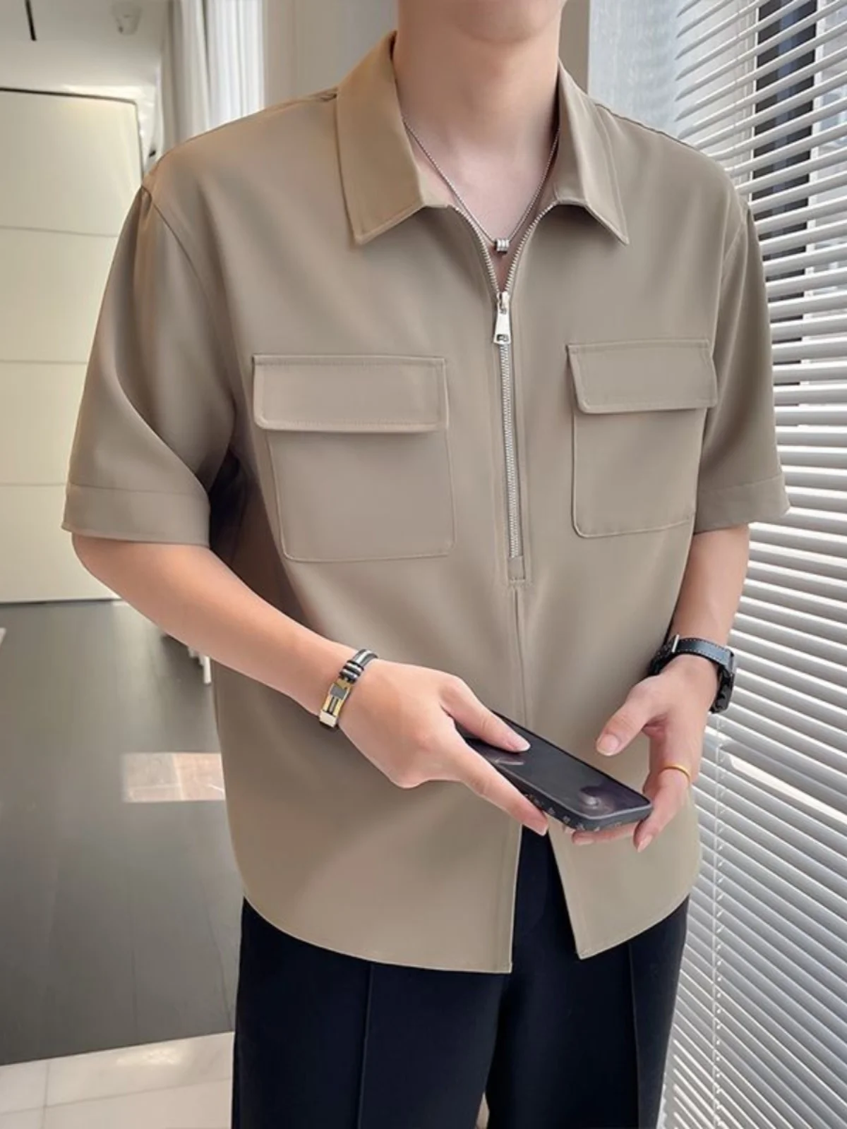 

Men's Workwear irt Ice Silk f Zipper Five Sve T-irt Versatile f Sve irt Trendy Faion Sun Protection Clothing