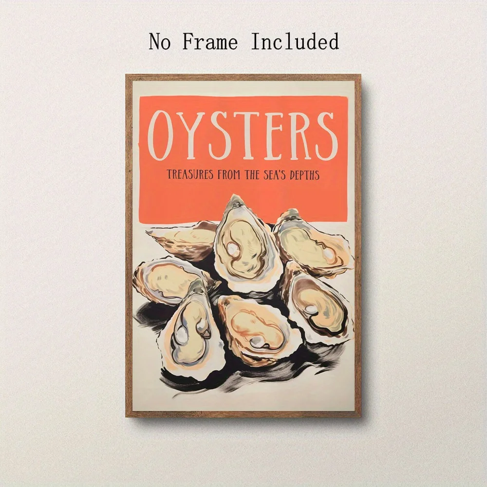 2D Flat, 2D Flat, 1pc Unframed Canvas Art Featuring Retro Food Themes, Including Oyster And Seafood Posters, Ideal for Bars A