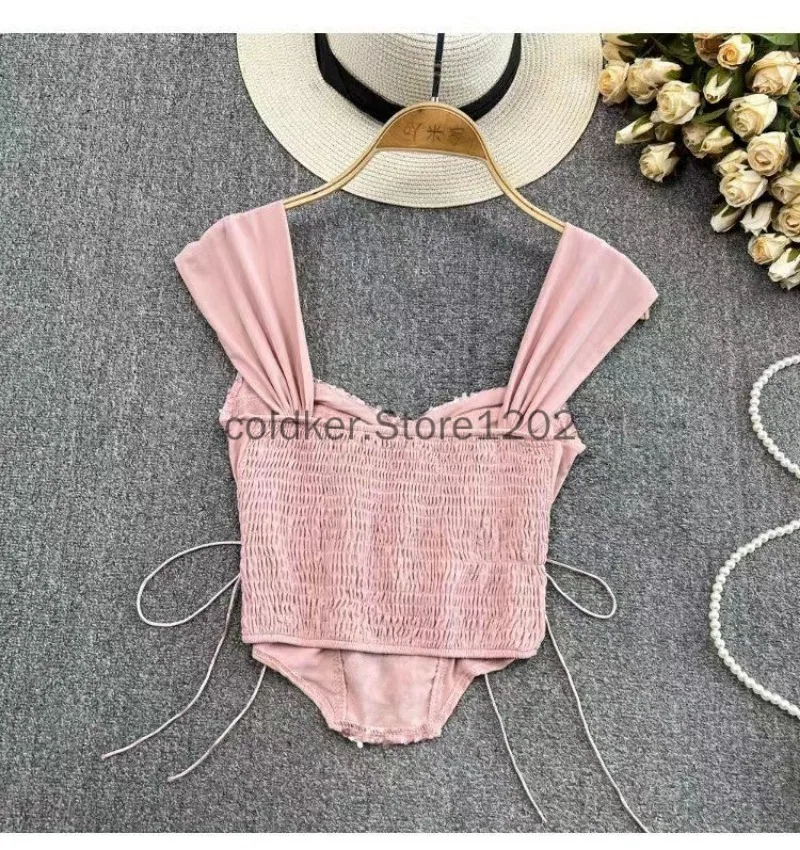 Gorset damski Top Y2K Odzież Lolita Ruffles Flower Lace Tank Top Summer French Tube Tops Cute Clothes Pink Crop Tops — zdjęcie 5