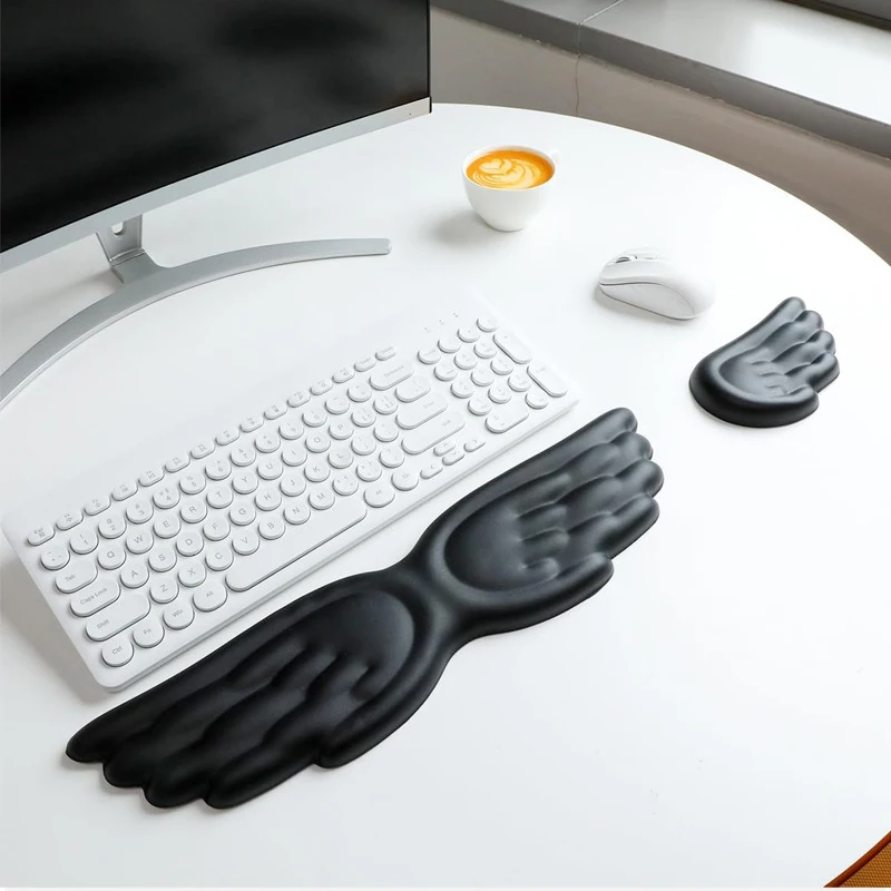 Reposamuñecas para teclado y ratón, juego de alfombrillas para ratón de espuma viscoelástica con alas de Ángel, soporte para muñeca, ergonómico, antideslizante, para oficina, PC, portátil, fácil escritura