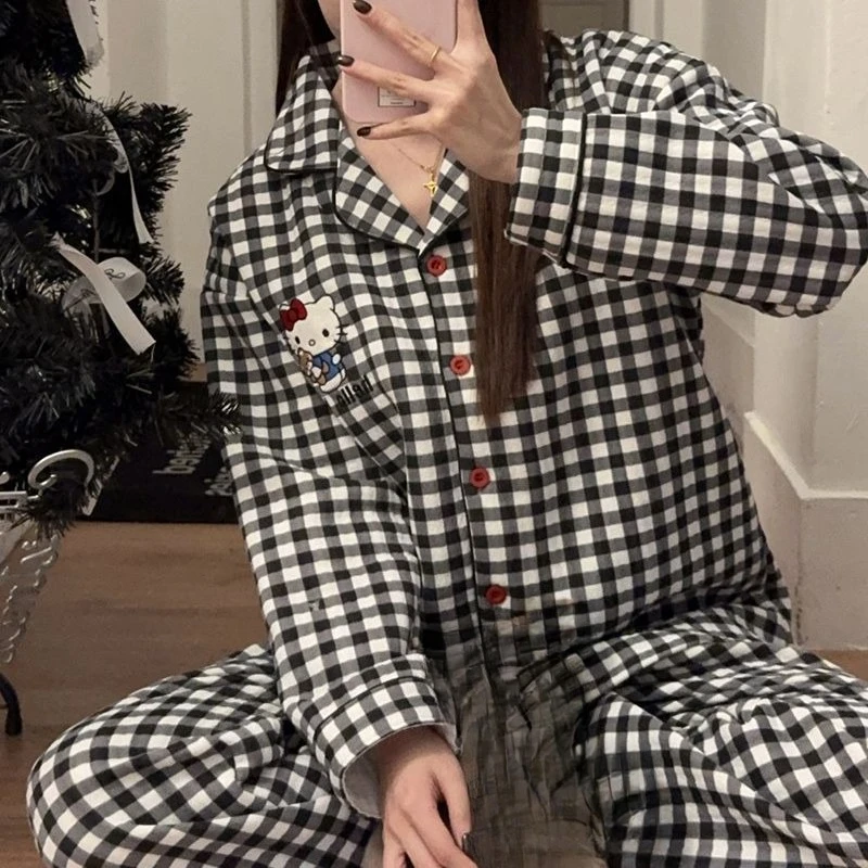 

Черная модная индивидуальная клетчатая пижама Hellokitty для девочек, осенне-зимний комплект из воздушного хлопка, утепленный комплект домашней одежды с героями мультфильмов