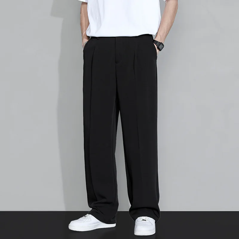 Korean-style Men\'s Dress Pants for Summer, Thin, Loose, Straight Wide-leg Shorts, Casual Business Ice Silk Drapey Long Pants