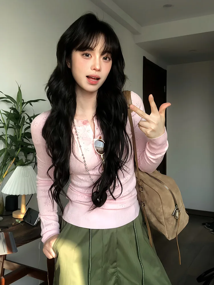 

Пряная девушка Y2K ажурный вязаный свитер женский приталенный вязаный рубашка корейский винтажный базовый слой повседневная блузка универсальная уличная одежда