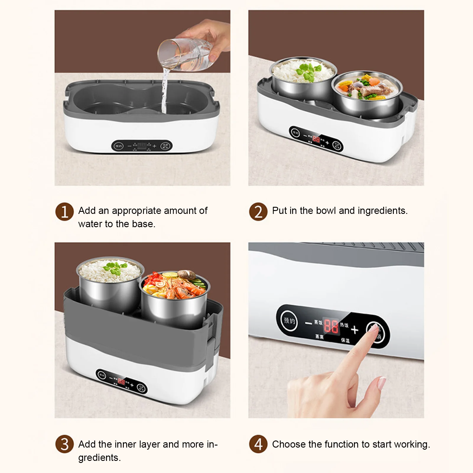 Double Layer Electric Lunch Box Portable Food Heater with 4 Stainless Steel Bowls Lunch Warmer for 24 Hour Reservation