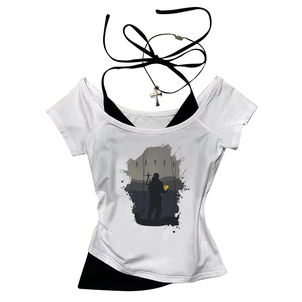 Death Stranding cropped top female vintage anime summer gothic jojifuku top tees clearance sales meme cute 2000s cheap