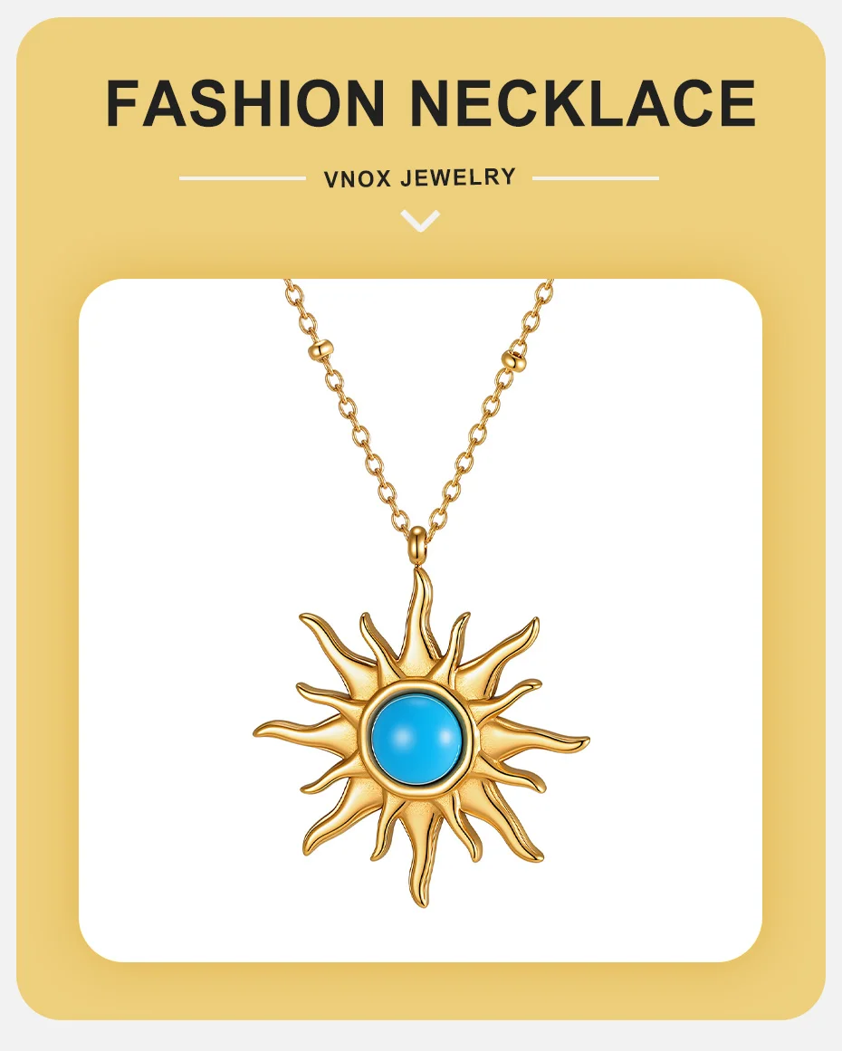 Vnox vergoldete blaue Türkis-Sonnenstern-Anhänger-Halskette für Damen, Edelstahl-Hexagramm-Schlüsselbeinkette, böhmischer Schmuck – Detail 1
