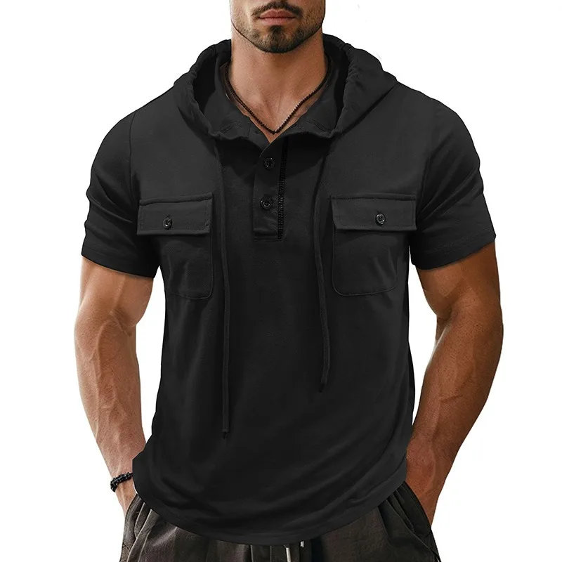Men's Hooded Henley T-Shirt Black Short Sleeve Casual Top with Double Chest Pockets and Drawstring Hood