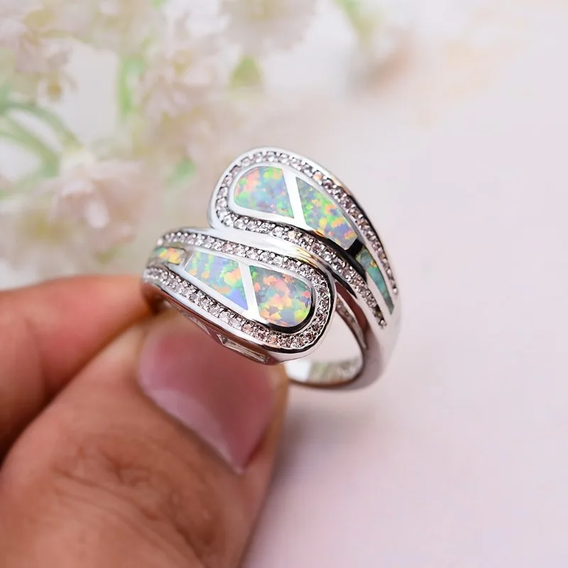 Female White Opal Stone Ring Boho Vintage Wedding Engagement Jewelry For Women
