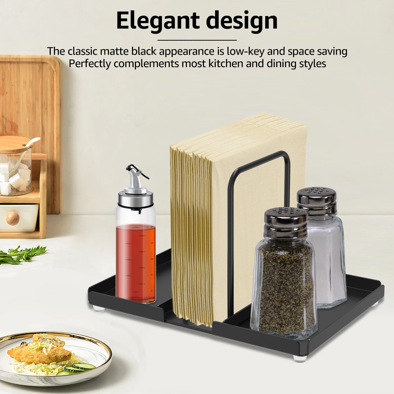 Metal Napkin Holder Standing Napkin Dispenser with Salt Pepper Shakers Caddy Paper Napkin Storage for Kitchen Dining Table Decor
