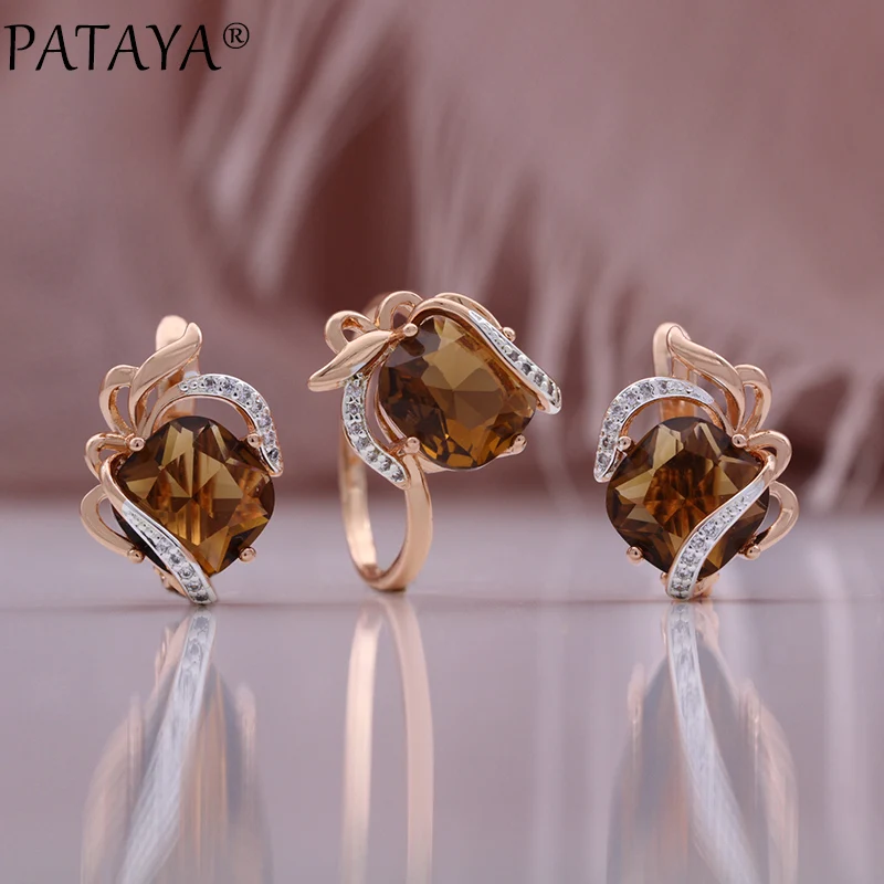 

PATAYA Hot Fashion Light Brown Natural Zircon Ring Earring for Women Simple 585 Rose Gold Color High Quality Daily Jewelry Sets