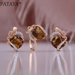 PATAYA Hot Fashion Light Brown Natural Zircon Ring Earring for Women Simple 585 Rose Gold Color High Quality Daily Jewelry Sets