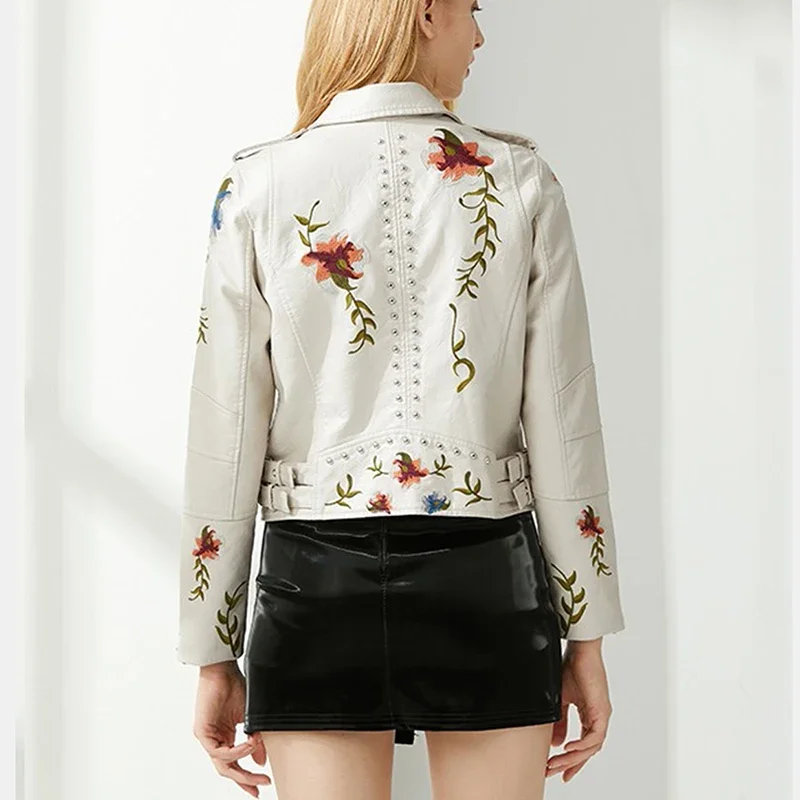 花柄刺繍フェイクソフトPUレザージャケット レディース 春秋冬 バイク用PUコート ブラック ホワイト パンク バイカー リベットポケット