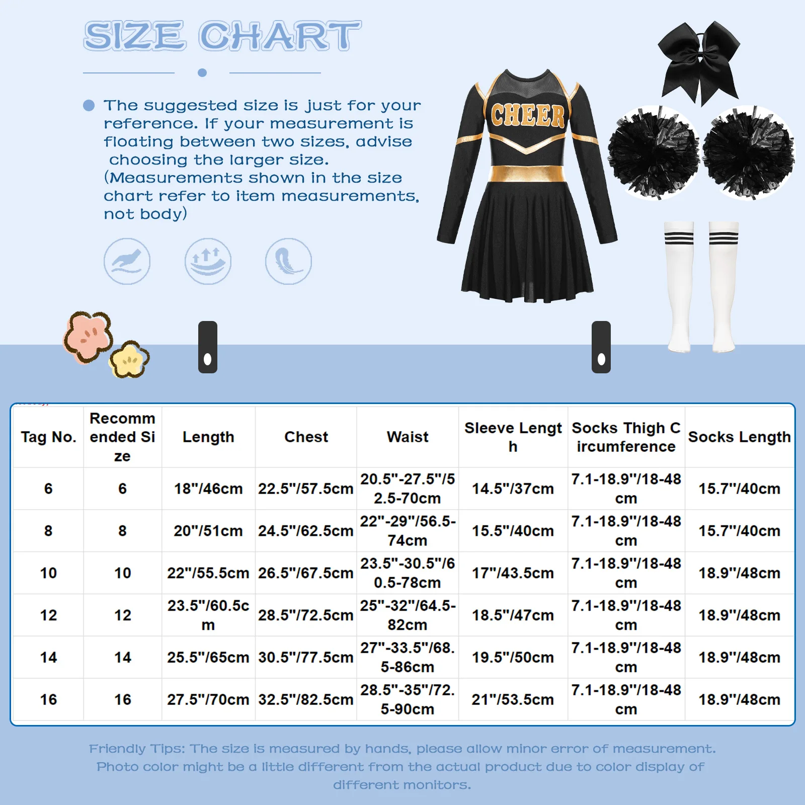 Kids Girls Cheerleader Costume Halloween Cheerleading Uniform Long Sleeve Gymnastic Dance Dress with Pom Poms Stocking Hair Tie