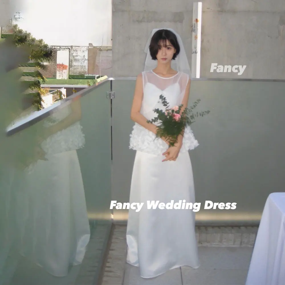 Fancy High Quality Korea A Line Rose Wedding Dress Photo Shoot O Neck Sleeveless Prom Gown Back Zip Customized 웨딩드레스