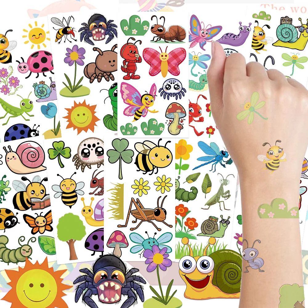 10 Sheets Waterproof Bees Caterpillars Butterflies Body Stickers for Men Women Insects Hand Tattoo Cartoon Temporary Tattoo Fake
