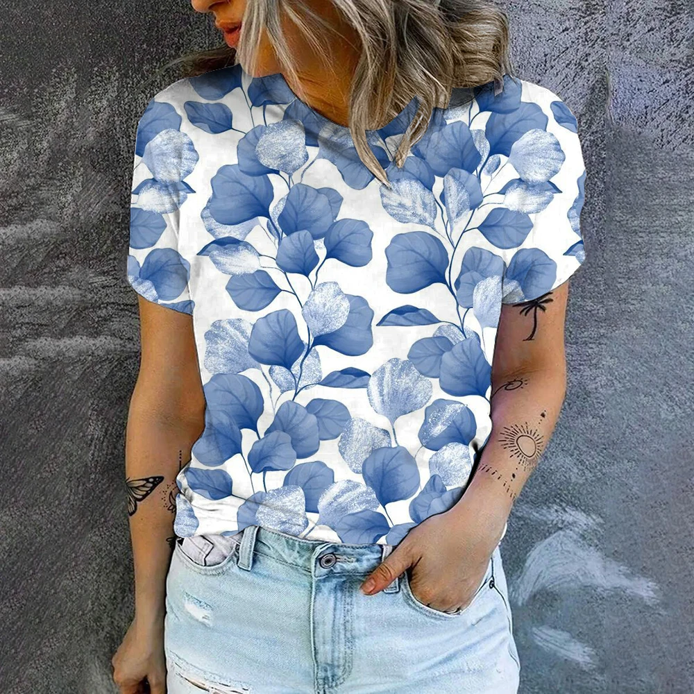 Fashion Vintage Blue White Style Printed T-shirt Simple Elegant Loose O-neck T-shirt Summer Soft Comfortable Women's T-shirt