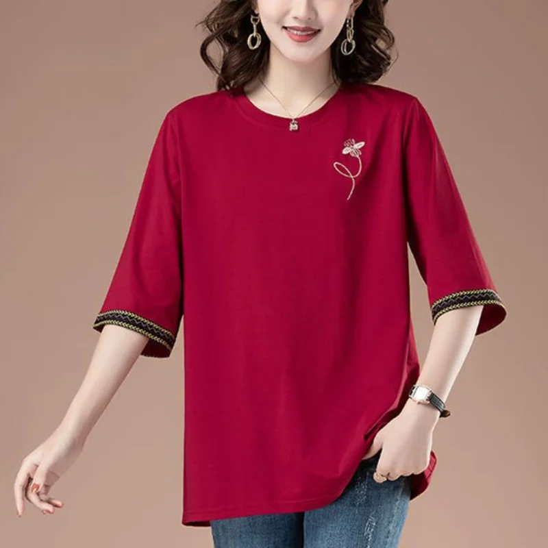 

Mommy Outfit Summer Korean New Round Neck Pullover Commuting Fashion Embroidery T-shirt Loose and Versatile Medium Sleeved Tops