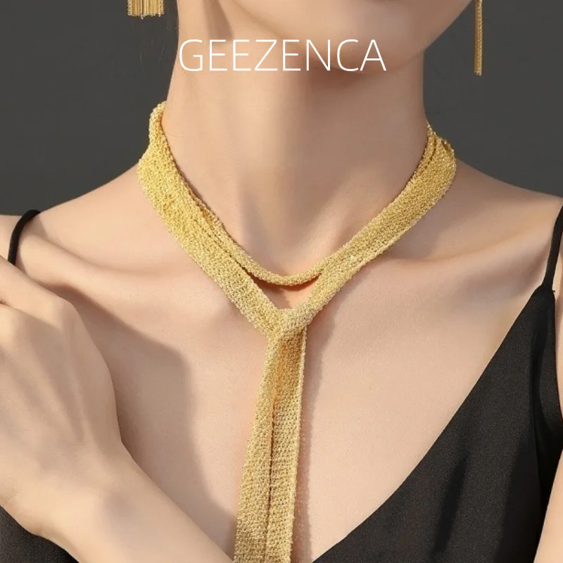 

GEEZENCA Italy Luxury 925 Silver 18K Gold Mesh Chain Woven Scarf Necklace Women 120cm Sparkling Unique Necklaces Love Gift Her