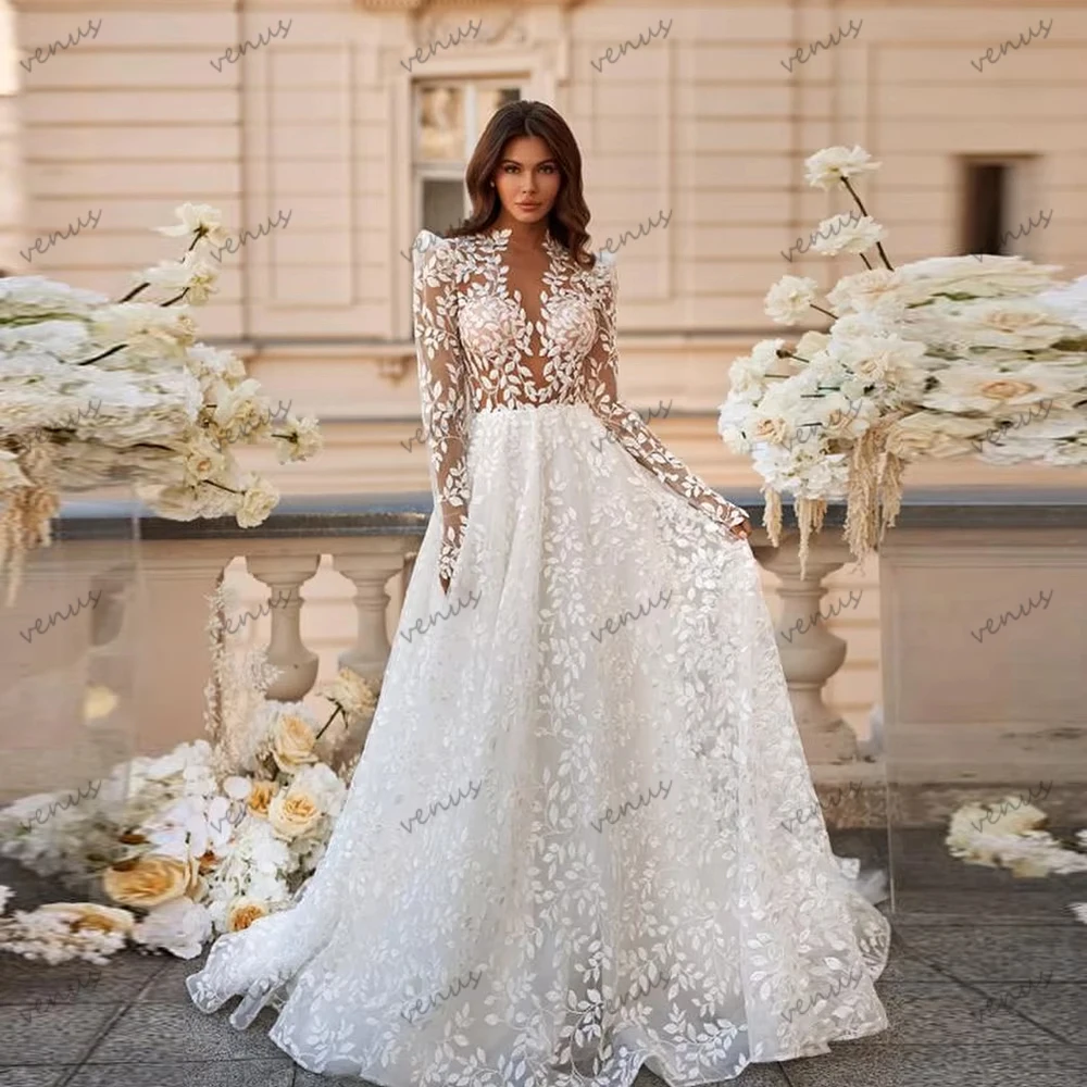 

Изысканные свадебные платья, элегантные свадебные наряды с кружевными аппликациями, А-силуэт, длинные рукава, глубокий V-образный вырез, индивидуальный пошив, Vestidos De Novia 2026