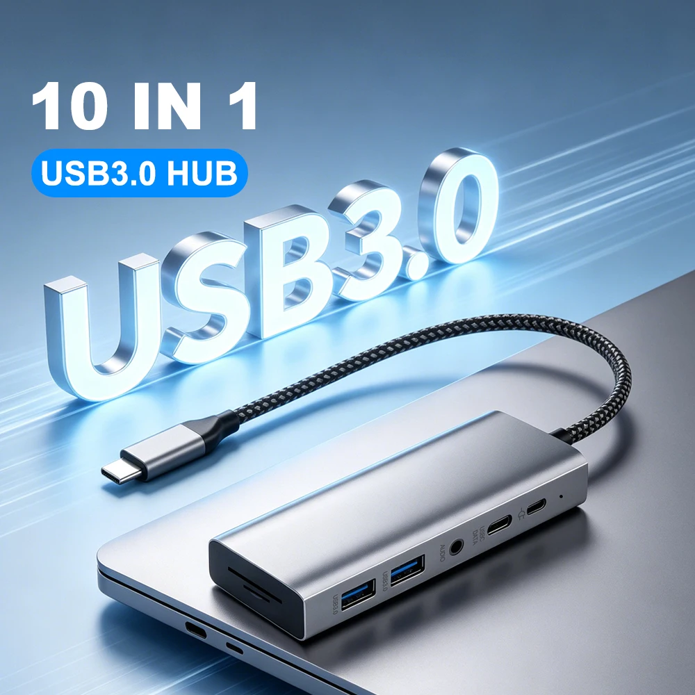 

USB-хаб Fenvi Type-C 10-в-1 с быстрой зарядкой USB-C PD100W, конвертером USB 3.0 5 Гбит/с и адаптером-удлинителем SD