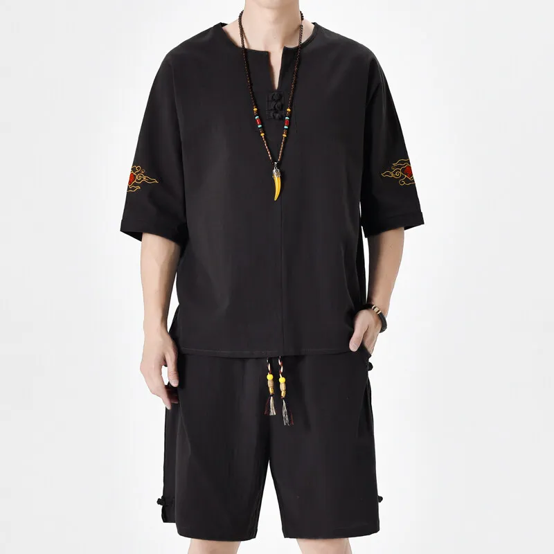 Men's Chinese Traditional Outfit, Round Collar Shirt and Shorts Set, Retro Embroidery, Breathable Linen Cotton, Summer Casual
