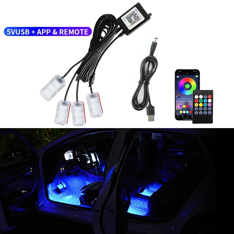 

Pop Neon Dual Control LED Car Interior Ambient Foot Light With USB Wireless Remote Music APP Control Auto Atmosphere Decorative