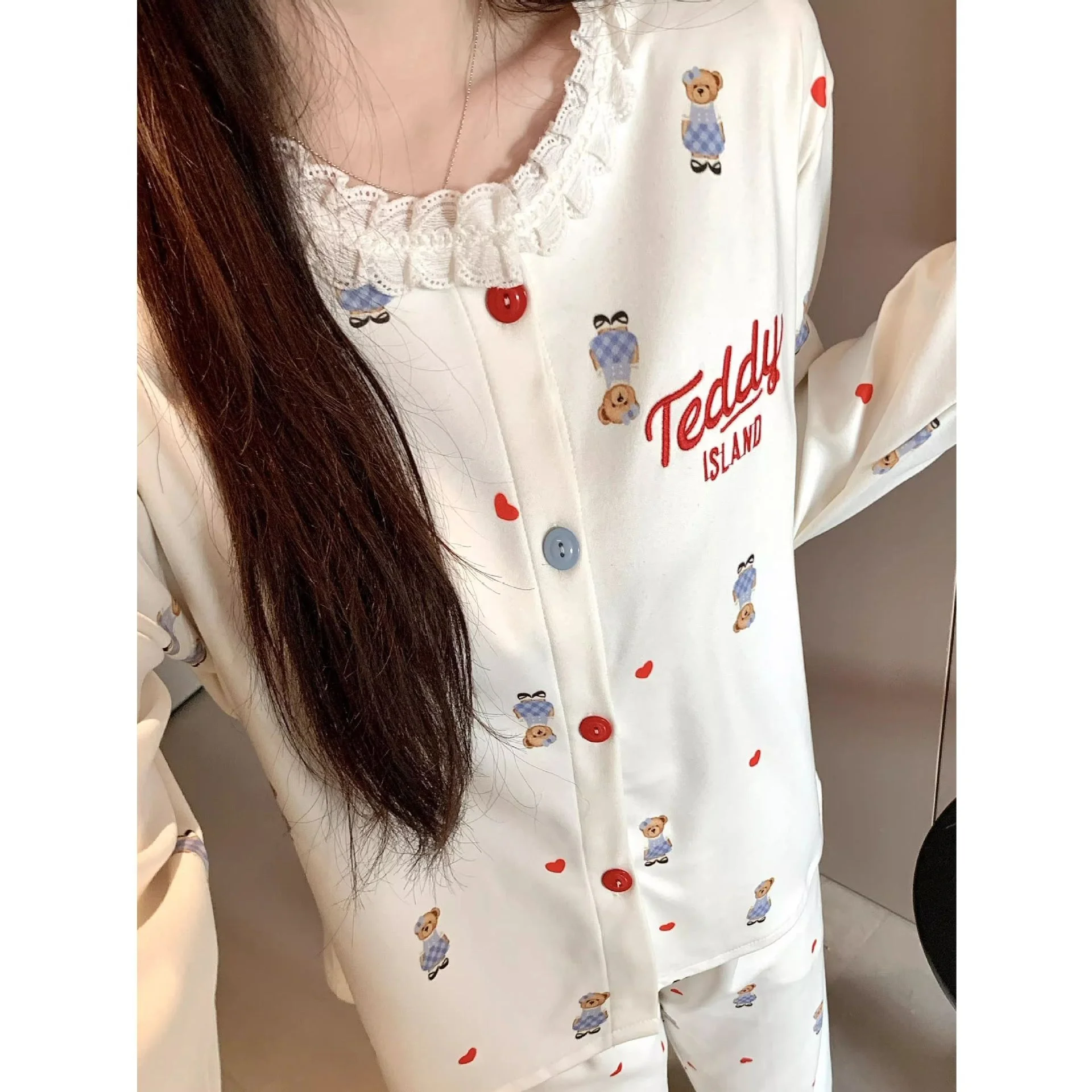 

Korean Style Sweet Cloud Cotton Sleepwear Ladies Spring New Simple Print Loose Adorable Home Clothes Set Women