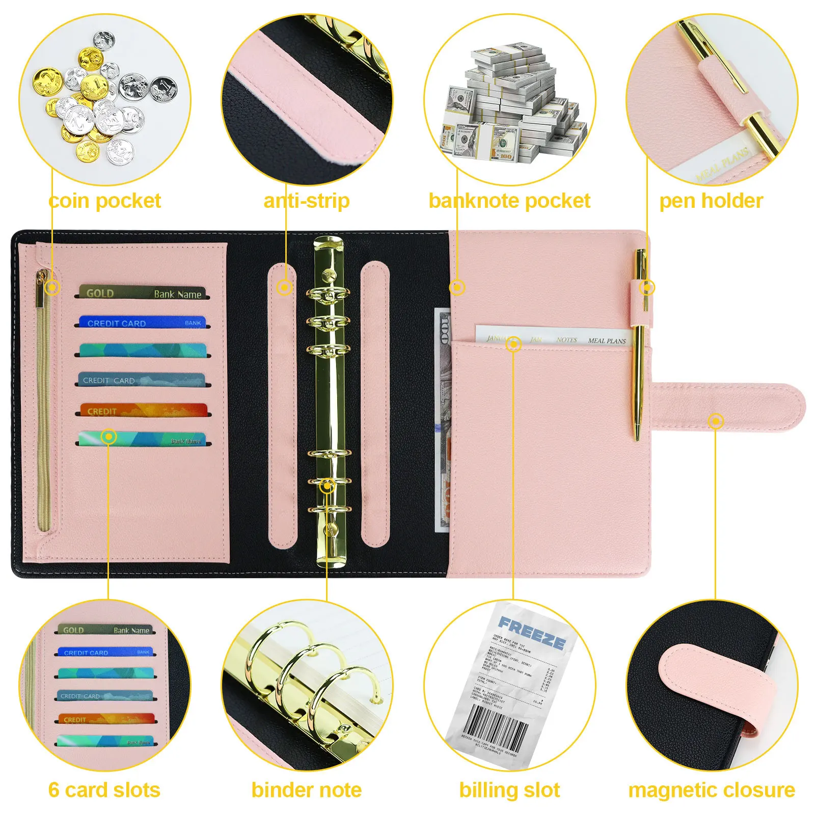 New A5 color-blocking large-ring binder 6 Ring Refillable Notebook Binder Planner Cover, PU Leather Loose Leaf