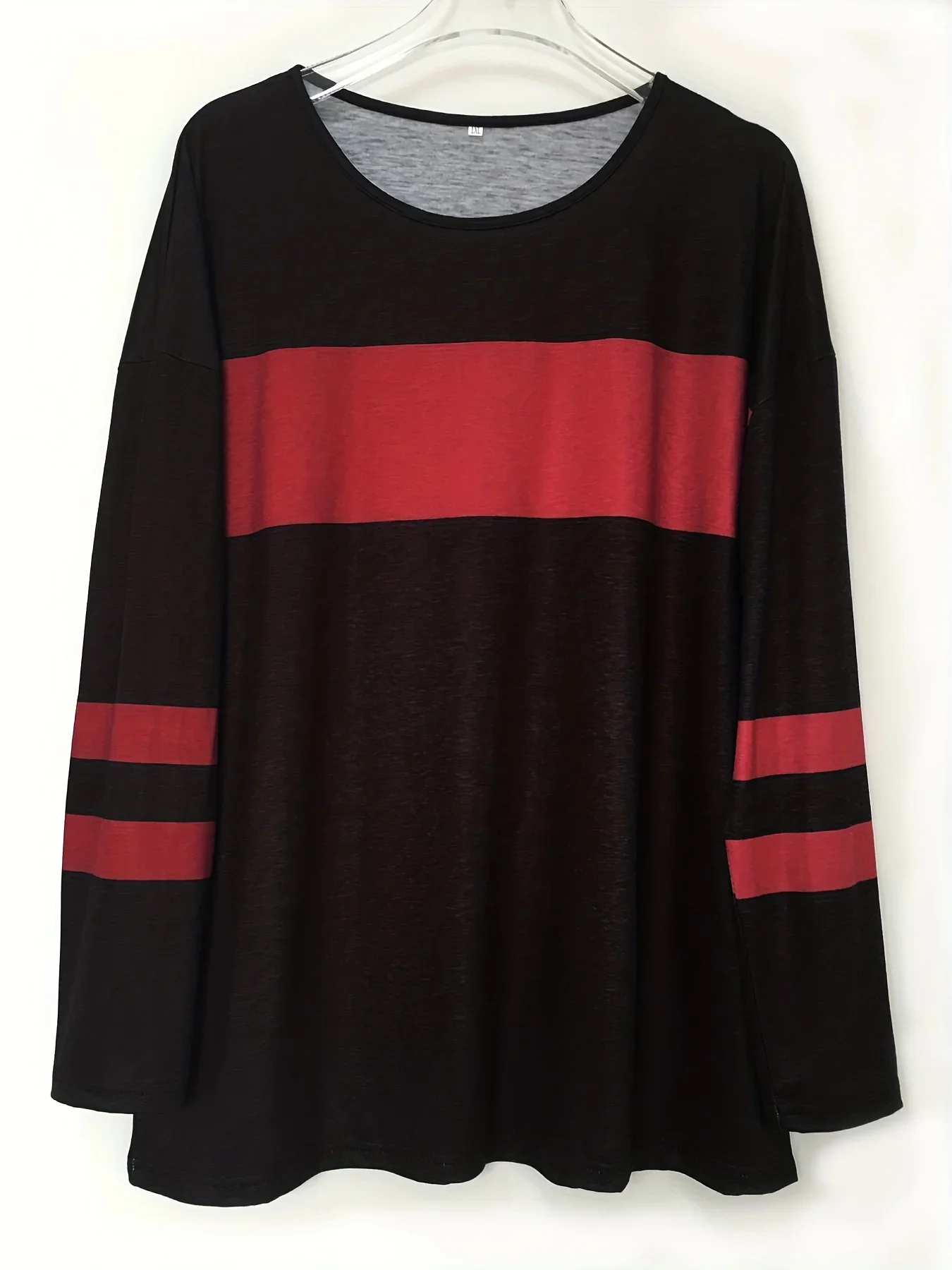 Plus Size Women Color Block Long Sleeve T-shirt, Round Neck Casual Loose Contrast Striped Autumn Tee Tops