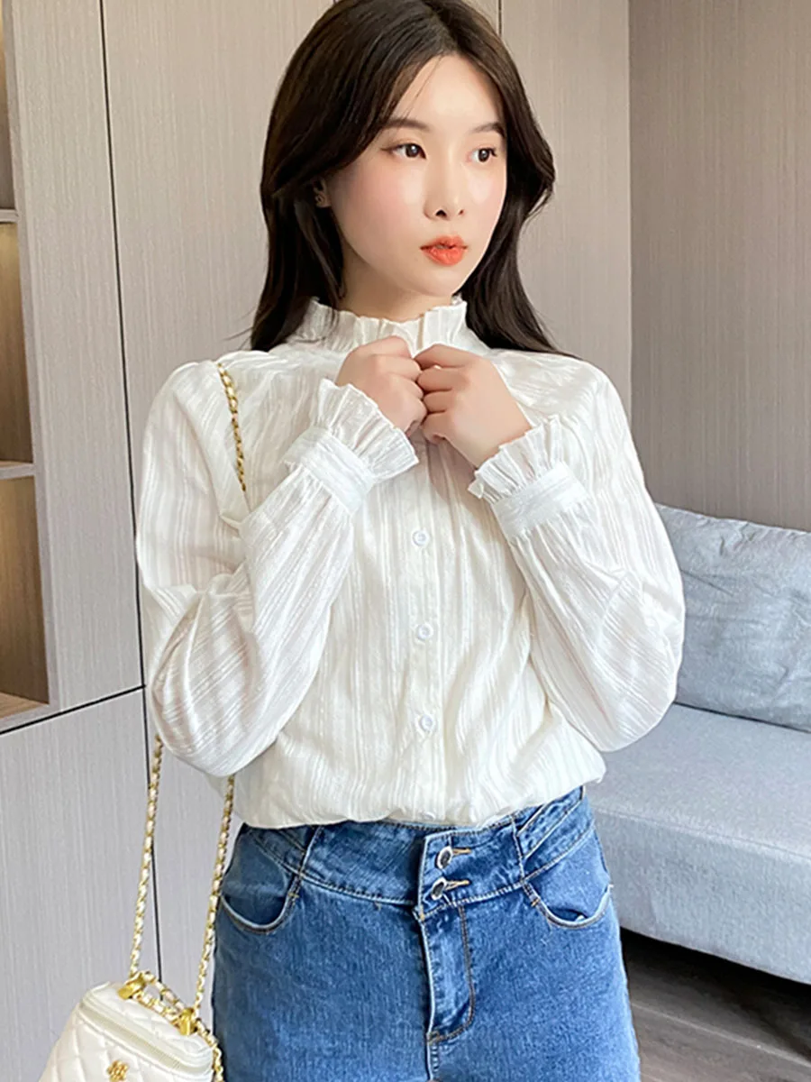 White Blouse Women 2024 Spring Stand Collar Long Sleeve Shirt Sweet Japanese Shirt Casual Ladies Tops Korean Fashion Female Wear