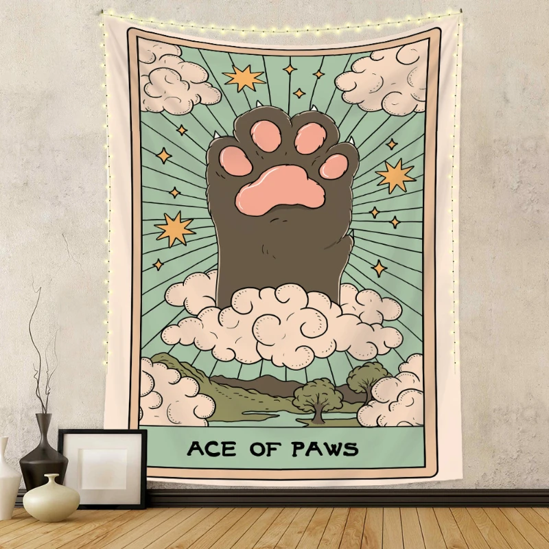 VIKAMA Cute Tarot Cat Claw Tapestry Living Room Bedroom Coffee Shop Wall Hanging Mysterious Witch Style Astrology Home Decor