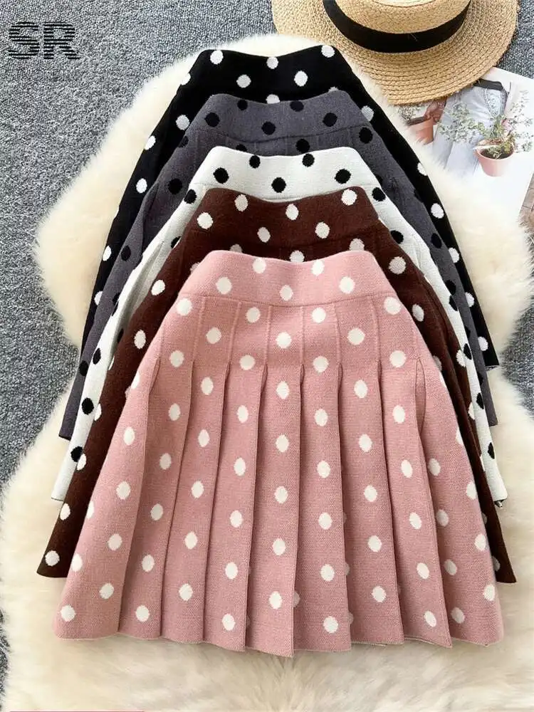 BabYoung Autumn Pleated Mini Skirt Women Elastic Waist 2024 High Quality Ladies Basics Polka Dot College Style Knitted Skirts