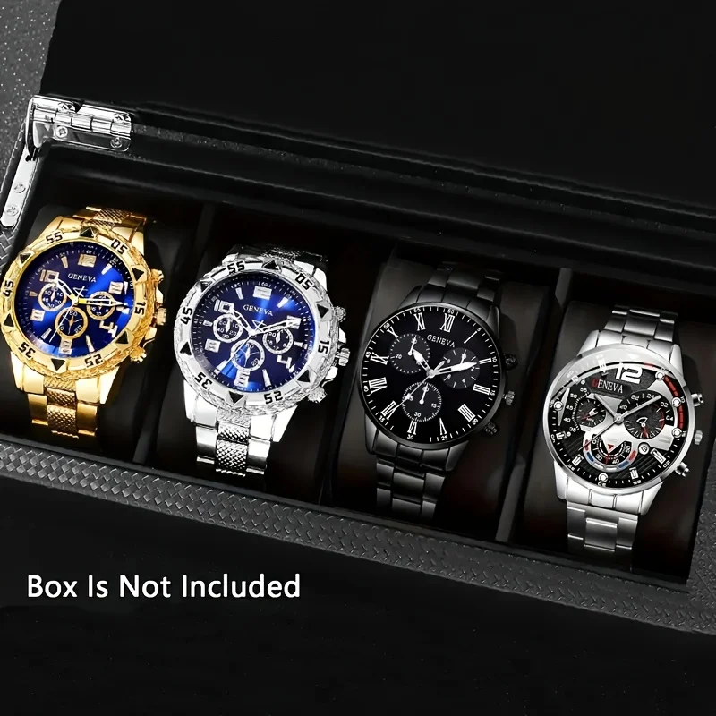 Reloj de cuarzo para hombre de moda de 4 piezas: correa de acero inoxidable, caja redonda de aleación de zinc, deportes electrónicos