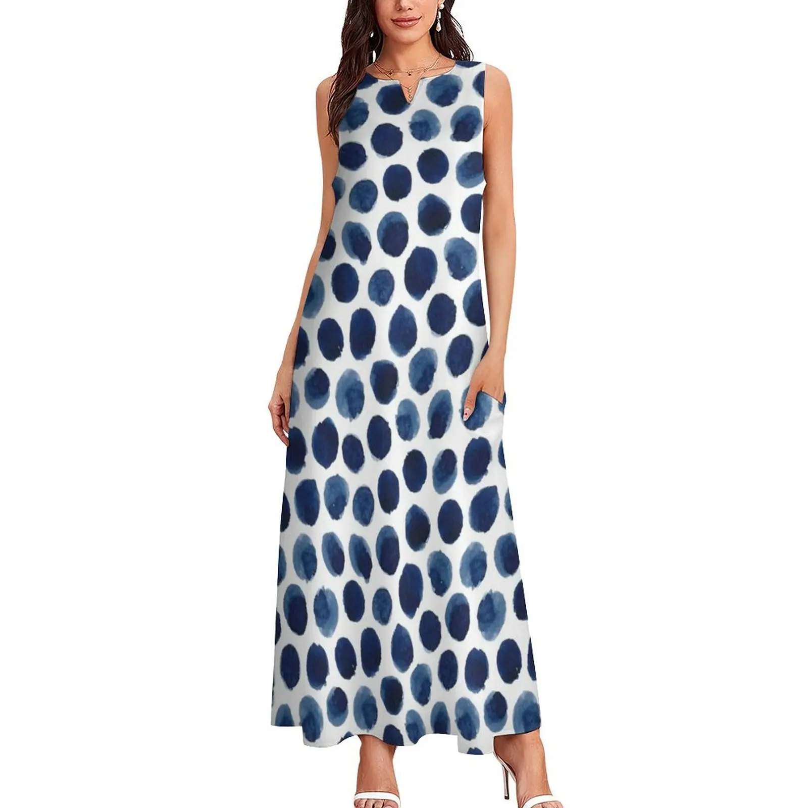 Large Indigo/Blue Watercolor Polka Dot Pattern Long Dress birthday dress Dress