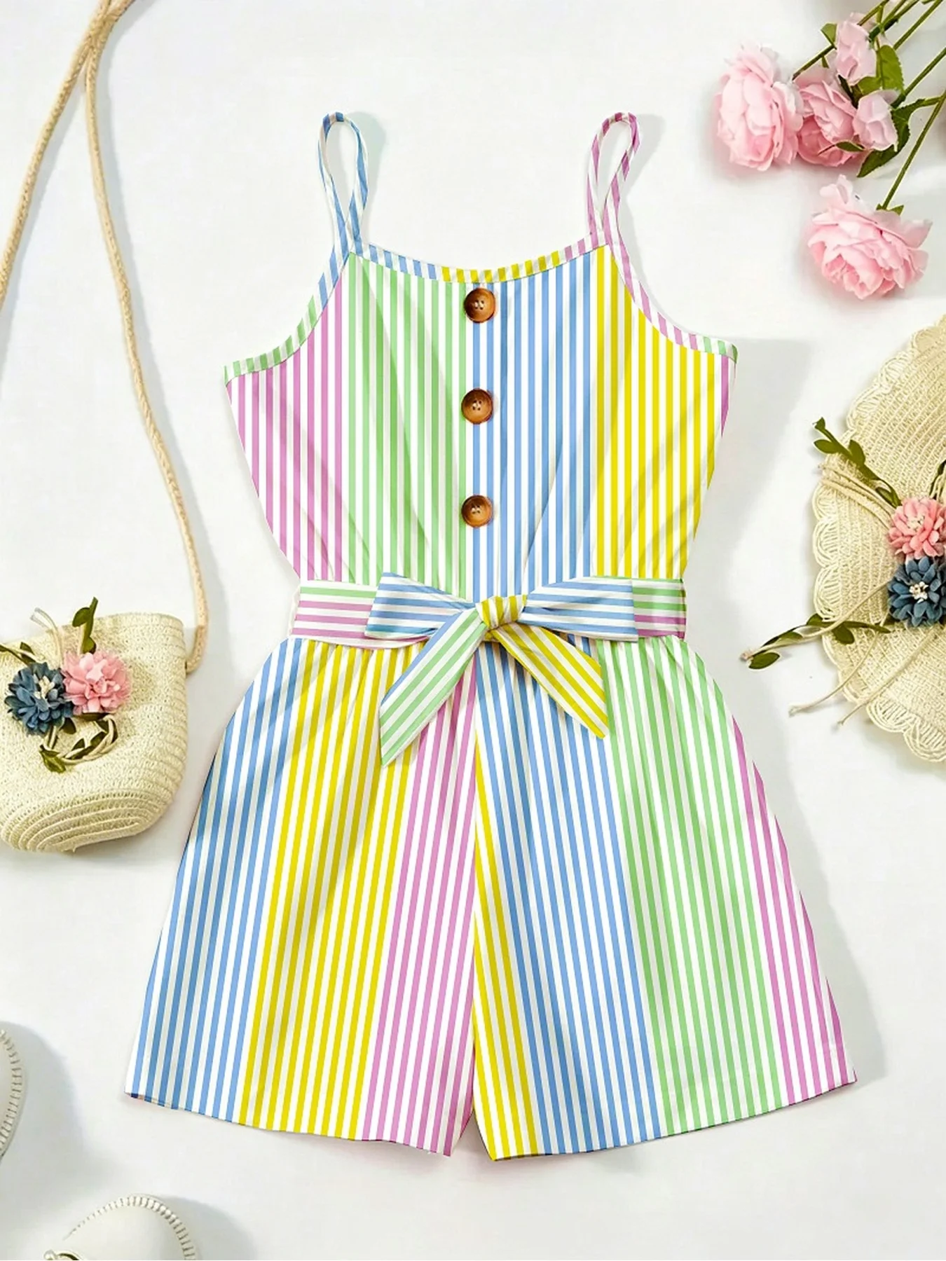 Children's Casual round Neck Button Decoration Rainbow Stripe Waistband Jumpsuit Wide Leg Strappy Shorts