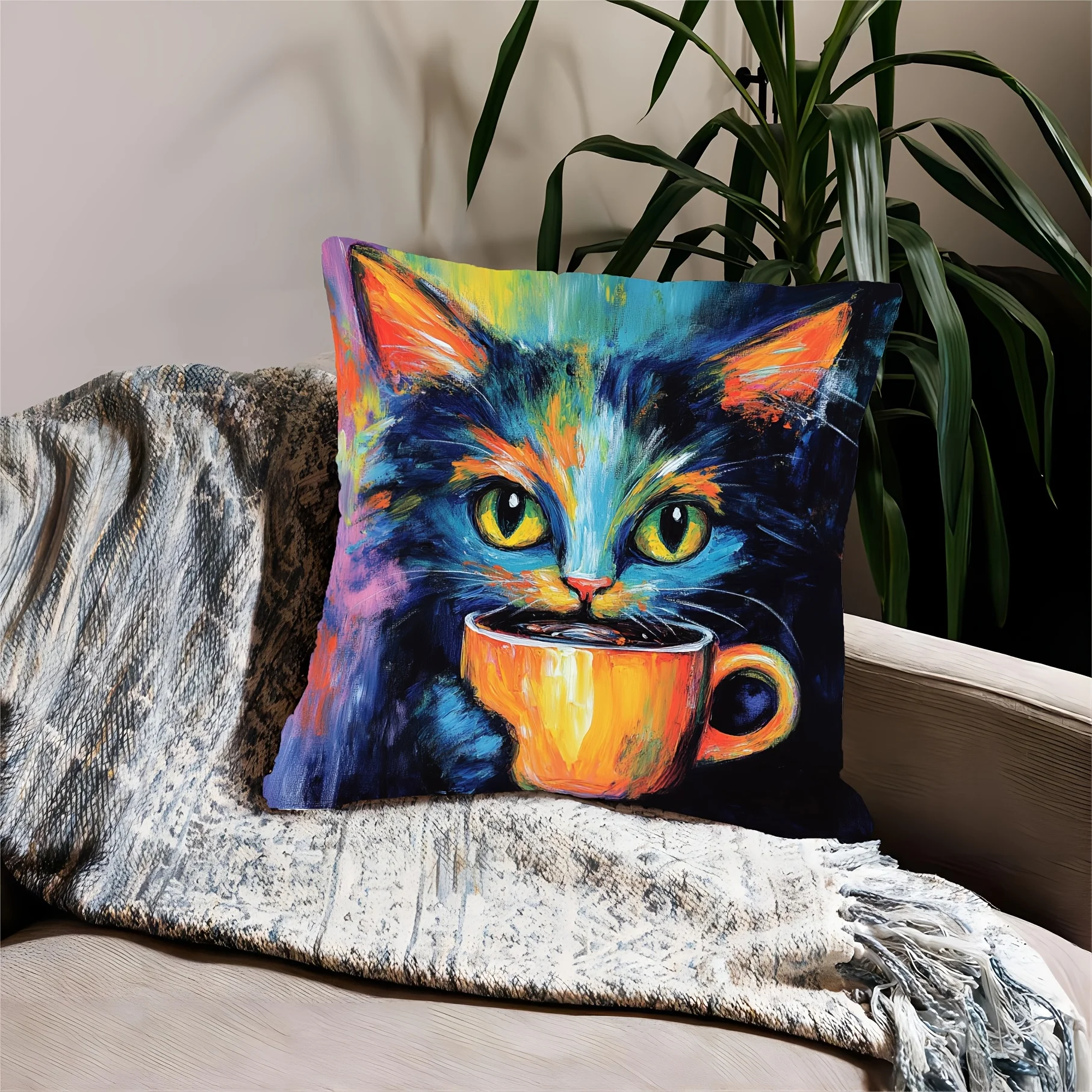 Vibrant Artistic Cat Coffee Lover Throw Pillowcase Cushion Cover Square Decor Art House Gift Pet Cat Drink Coffee 40x40cm Home D