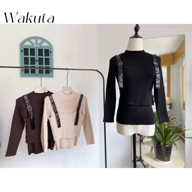 

WAKUTA Japanese Y2k Sweet Solid Color Strap Pullovers Fashion Retro Layered Knitted Shirt Classic Women's Versatile 2 Piece Set