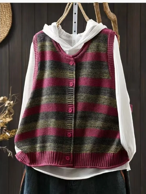 Retro Striped Open Cardigan Outerwear Loose Layering Sleeveless Sweater Shoulder Pad Spring Autumn plus Size Women's Vest