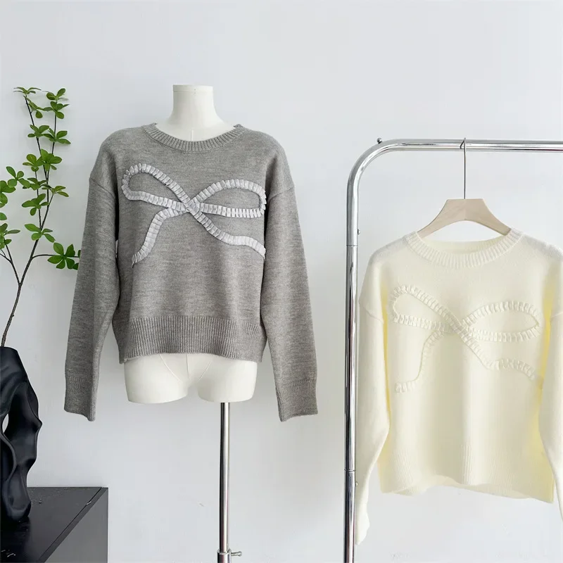 

Bow Design Sweater Crew Neck Casual Long Sleeve Jumper 3d Decoration Knitted Pullovers Autumn/Winter Women Knitwear Outerwear