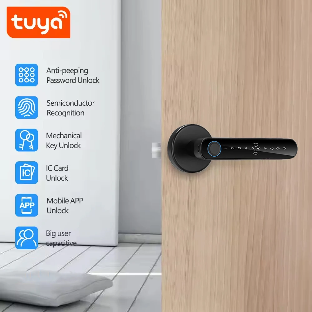 Smart Door Lock with Fingerprint,Password, Card, Key&APP Control,Built-in Emergency Power Supply with 4*AAA Batteries(Excluded)