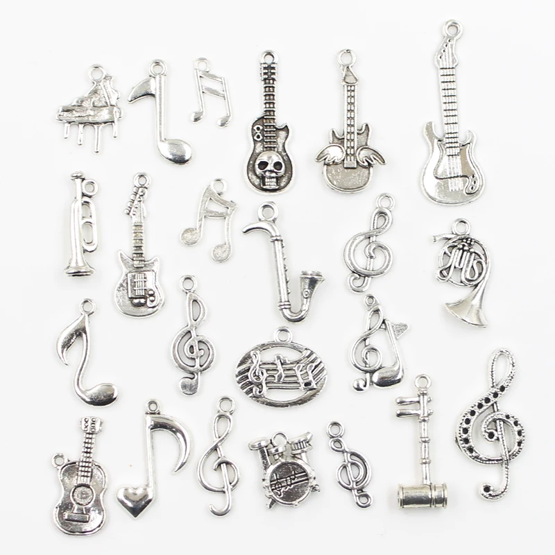 30pcs Charms Musical Guitar Note Piano French Horn Saxophone Antique Silver Color Mixed Pendants DIY Findings Tibetan Jewelry