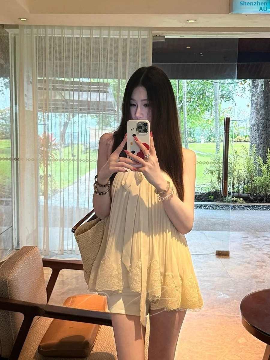 Elegant Off-Shoulder Bow-Tied Maxi Dress with Heavy Embellishments Sleeveless Gauze Flashing High-End Feeling for Young Ladies